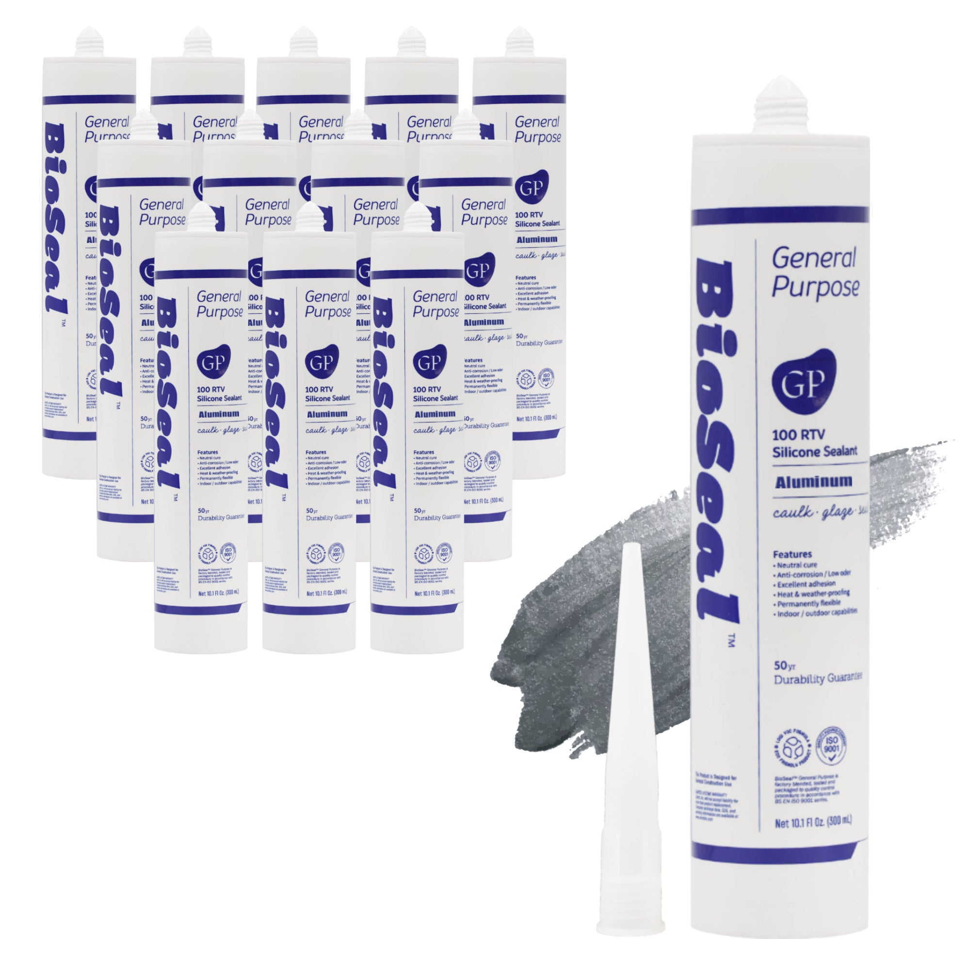 Aluminum General Purpose BioSeal Silicone Caulk & Sealant 10.1oz - UV Protection / 100% RTV / Odorless